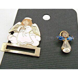 Set of 2 Angel Pins Brooches Enamel Rhinestones Hat Lapel Collar Pins Guardians